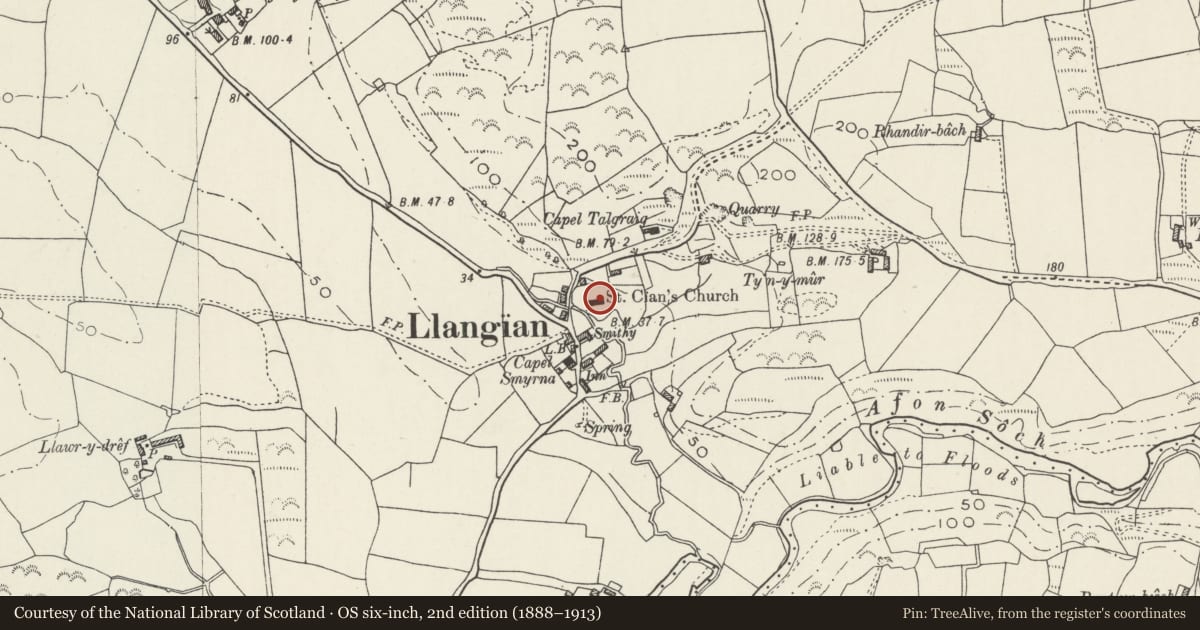 Ordnance Survey six-inch map, 2nd edition (1888–1913) covering the location of Church of St Cian, Llanengan, Gwynedd, with a pin at the register's coordinates