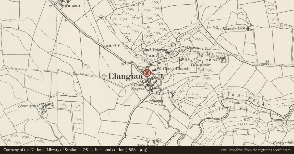Ordnance Survey six-inch map, 2nd edition (1888–1913) covering the location of Siop Llangian, Llanengan, Gwynedd, with a pin at the register's coordinates