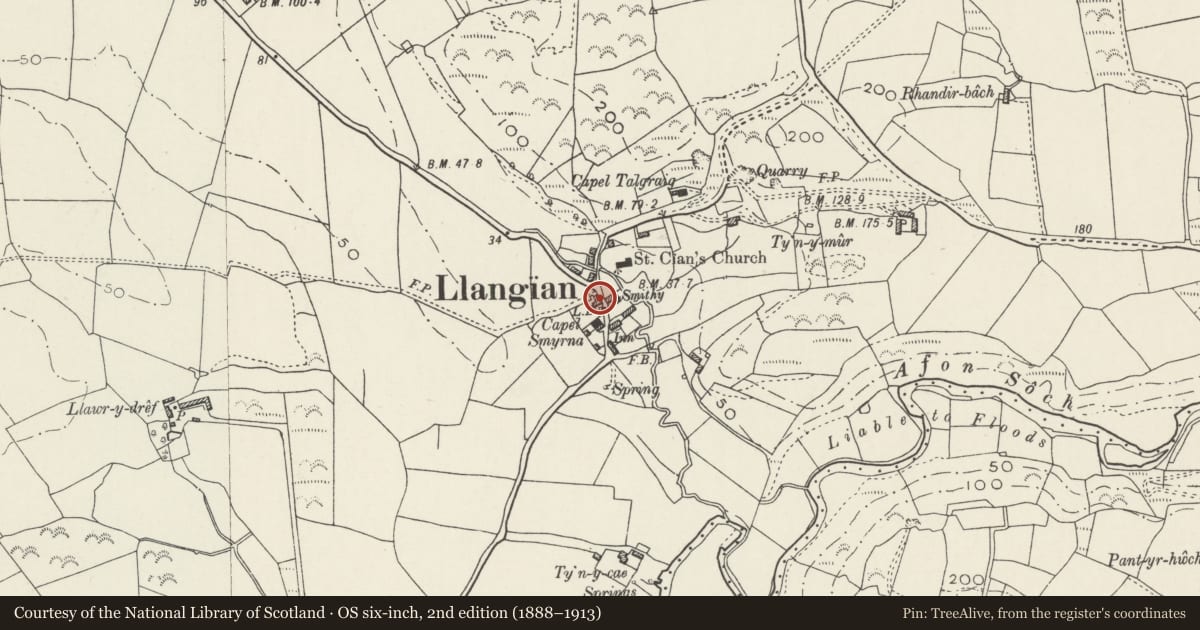 Ordnance Survey six-inch map, 2nd edition (1888–1913) covering the location of Ty'n Llan, Llanengan, Gwynedd, with a pin at the register's coordinates