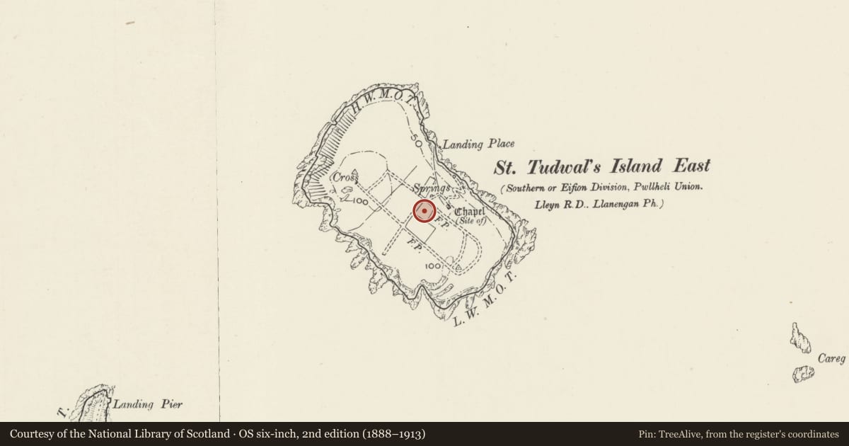 Ordnance Survey six-inch map, 2nd edition (1888–1913) covering the location of Remains of Hall, Llanengan, Gwynedd, with a pin at the register's coordinates