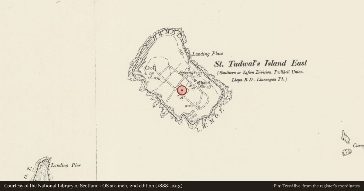 Ordnance Survey six-inch map, 2nd edition (1888–1913) covering the location of Remains of Chapel, Llanengan, Gwynedd, with a pin at the register's coordinates