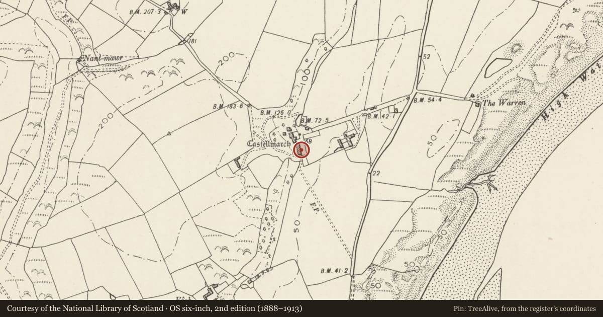 Ordnance Survey six-inch map, 2nd edition (1888–1913) covering the location of Barn to E of Castellmarch, Llanengan, Gwynedd, with a pin at the register's coordinates