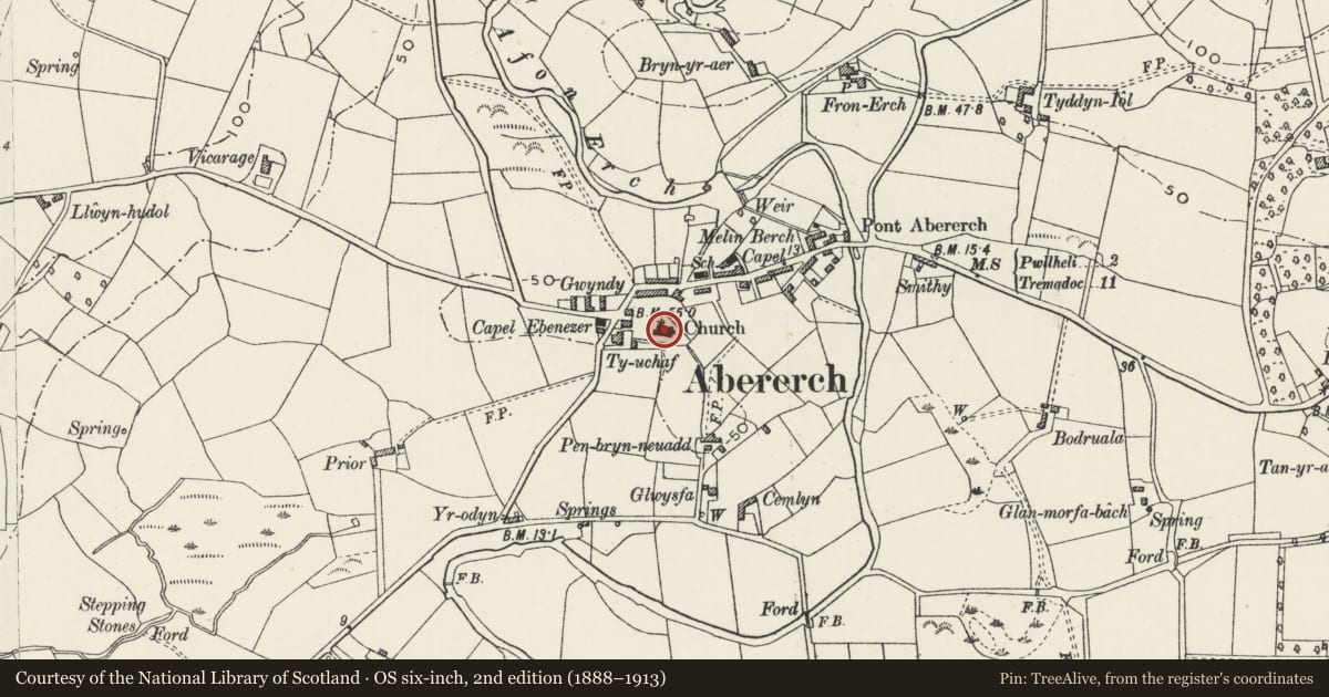 Ordnance Survey six-inch map, 2nd edition (1888–1913) covering the location of Church of St Cawrdaf, Llannor, Gwynedd, with a pin at the register's coordinates