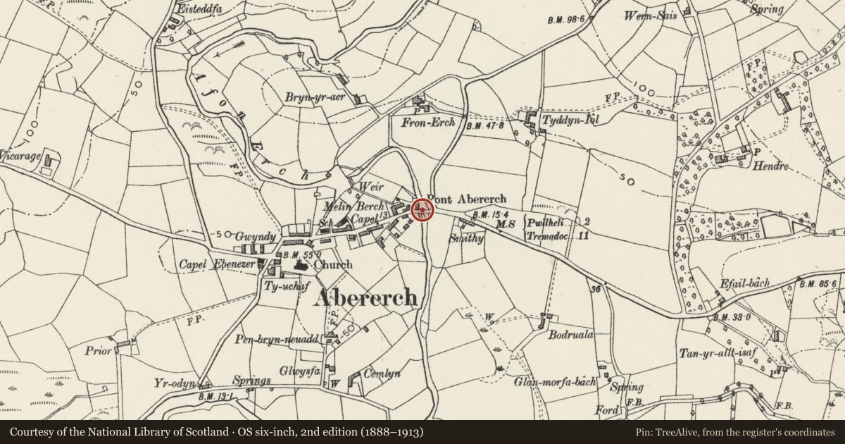 Ordnance Survey six-inch map, 2nd edition (1888–1913) covering the location of Pont Abererch, Llannor, Gwynedd, with a pin at the register's coordinates