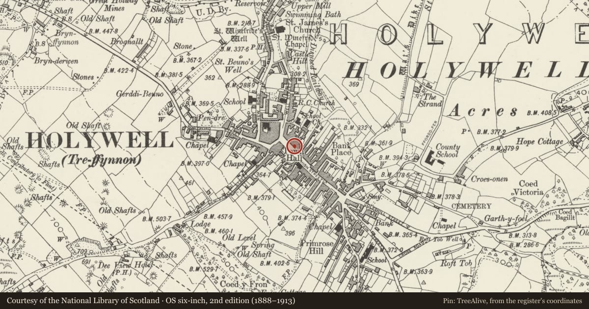 Ordnance Survey six-inch map, 2nd edition (1888–1913) covering the location of 15 (Threshers), Holywell, Flintshire, with a pin at the register's coordinates