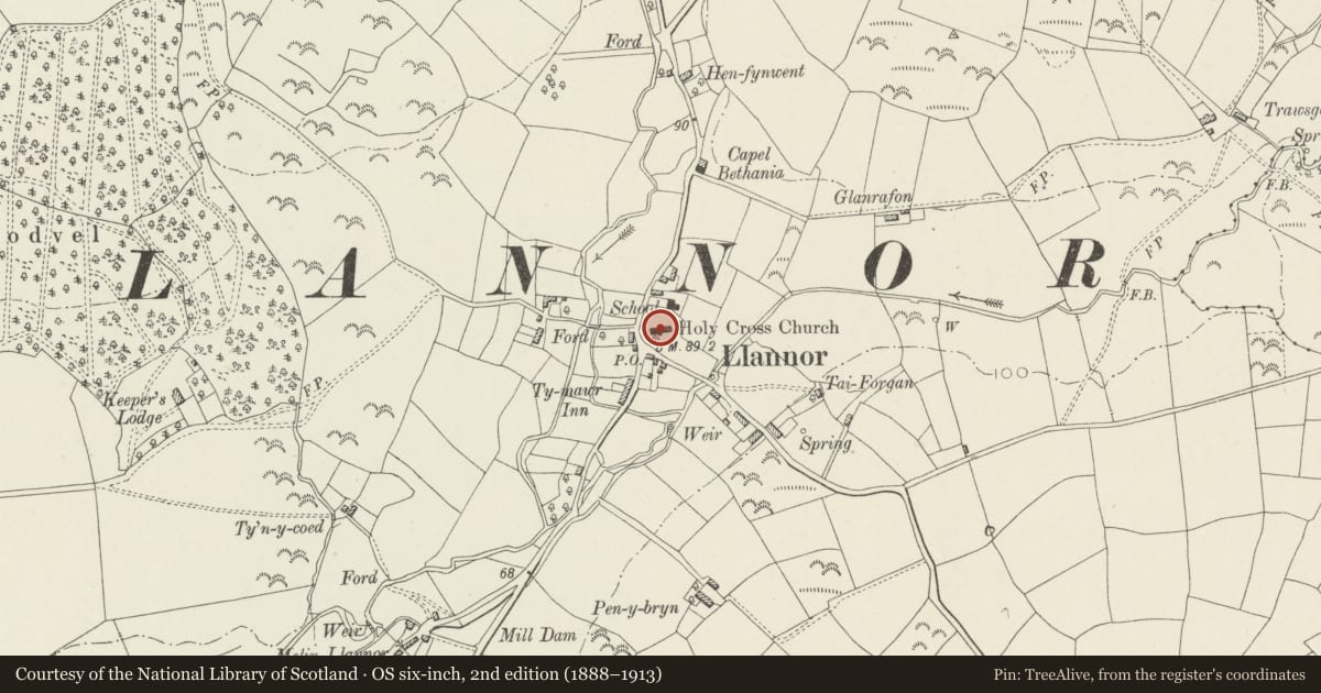 Ordnance Survey six-inch map, 2nd edition (1888–1913) covering the location of Church of the Holy Cross, Llannor, Gwynedd, with a pin at the register's coordinates
