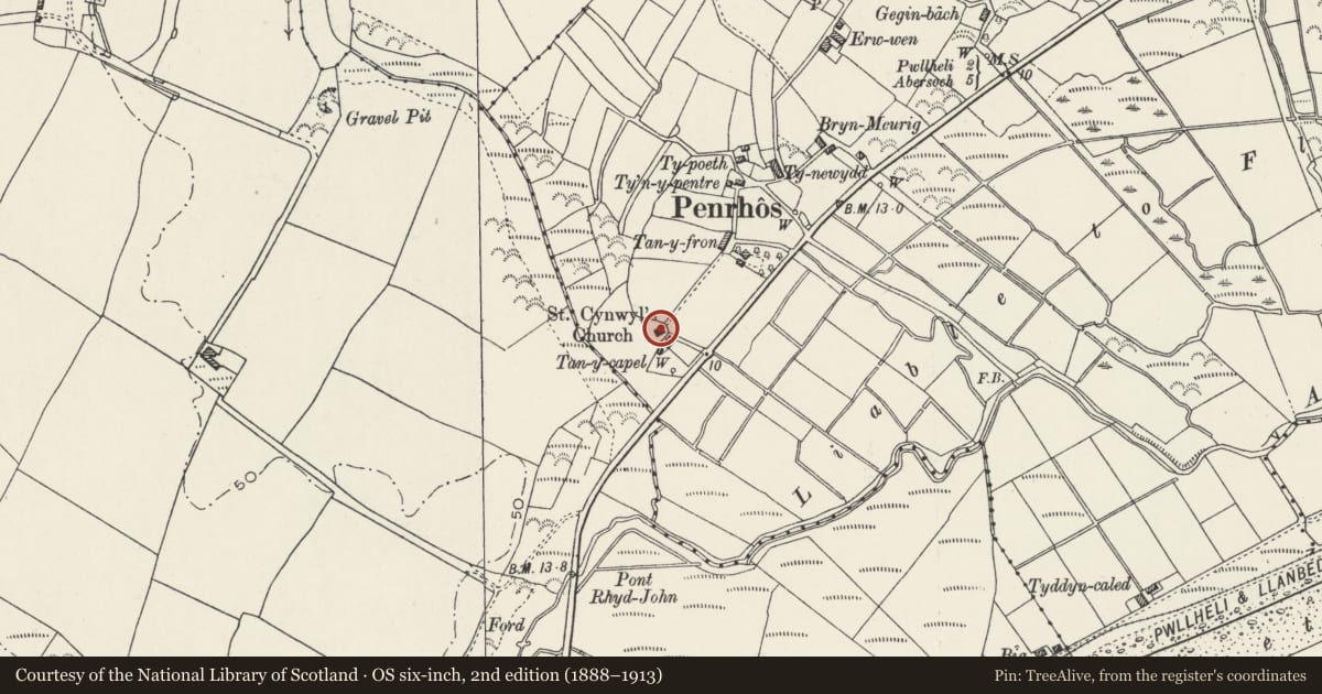 Ordnance Survey six-inch map, 2nd edition (1888–1913) covering the location of Church of St Cynfil, Llannor, Gwynedd, with a pin at the register's coordinates