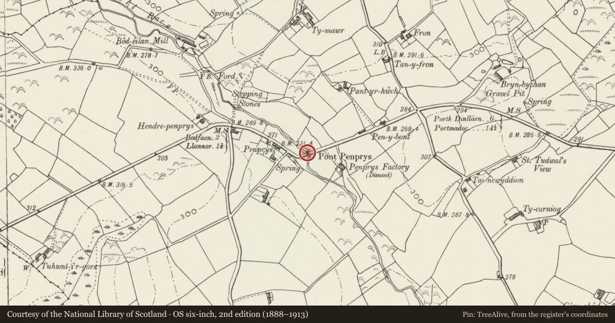 Ordnance Survey six-inch map, 2nd edition (1888–1913) covering the location of Pont Penprys, Llannor, Gwynedd, with a pin at the register's coordinates
