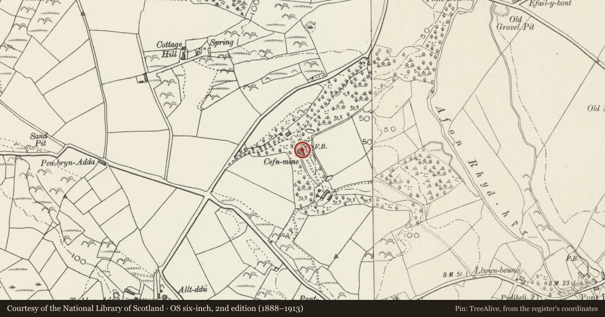 Ordnance Survey six-inch map, 2nd edition (1888–1913) covering the location of Cefn Mine, Llannor, Gwynedd, with a pin at the register's coordinates