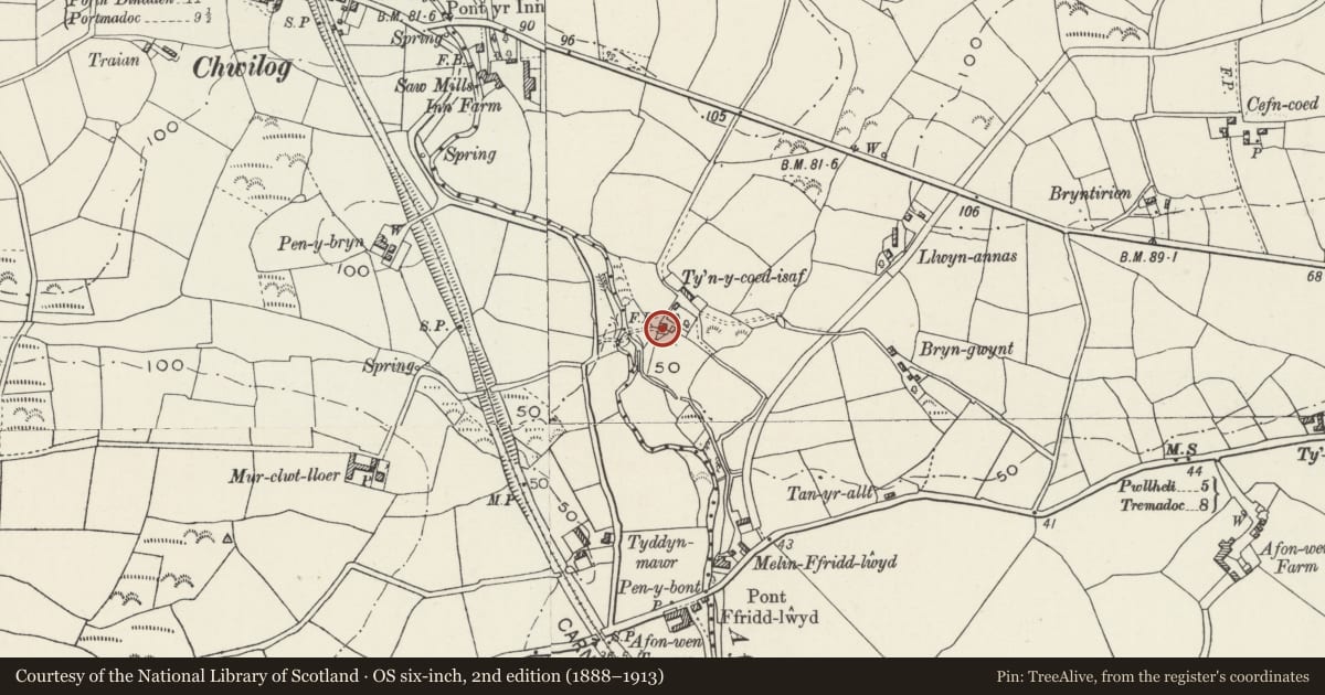 Ordnance Survey six-inch map, 2nd edition (1888–1913) covering the location of Plas-y-nant, Llanystumdwy, Gwynedd, with a pin at the register's coordinates