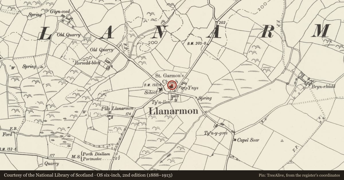 Ordnance Survey six-inch map, 2nd edition (1888–1913) covering the location of Church of St Garmon, Llanystumdwy, Gwynedd, with a pin at the register's coordinates