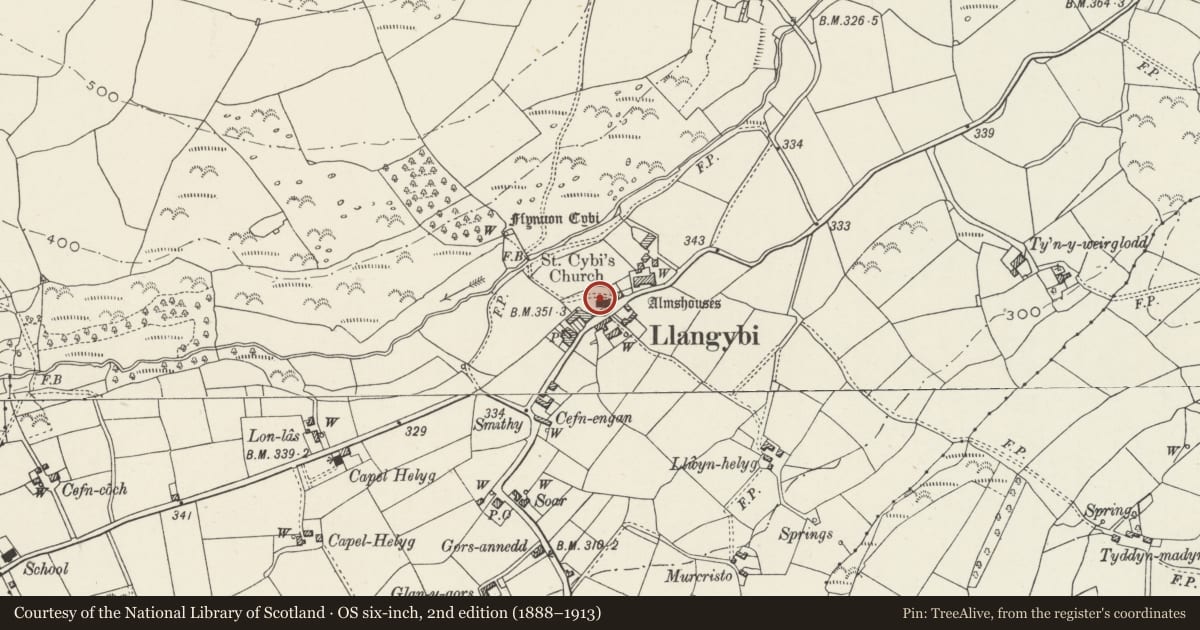 Ordnance Survey six-inch map, 2nd edition (1888–1913) covering the location of Church of St Cybi, Llanystumdwy, Gwynedd, with a pin at the register's coordinates