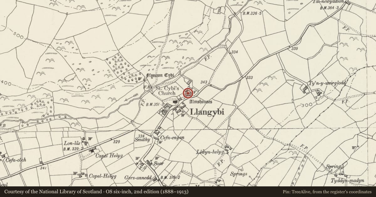 Ordnance Survey six-inch map, 2nd edition (1888–1913) covering the location of Elusendai Price (Bryncastell, Berth-lwyd, Daron, Ty-Newydd and Hen Ysgoldy), Llanystumdwy, Gwynedd, with a pin at the register's coordinates