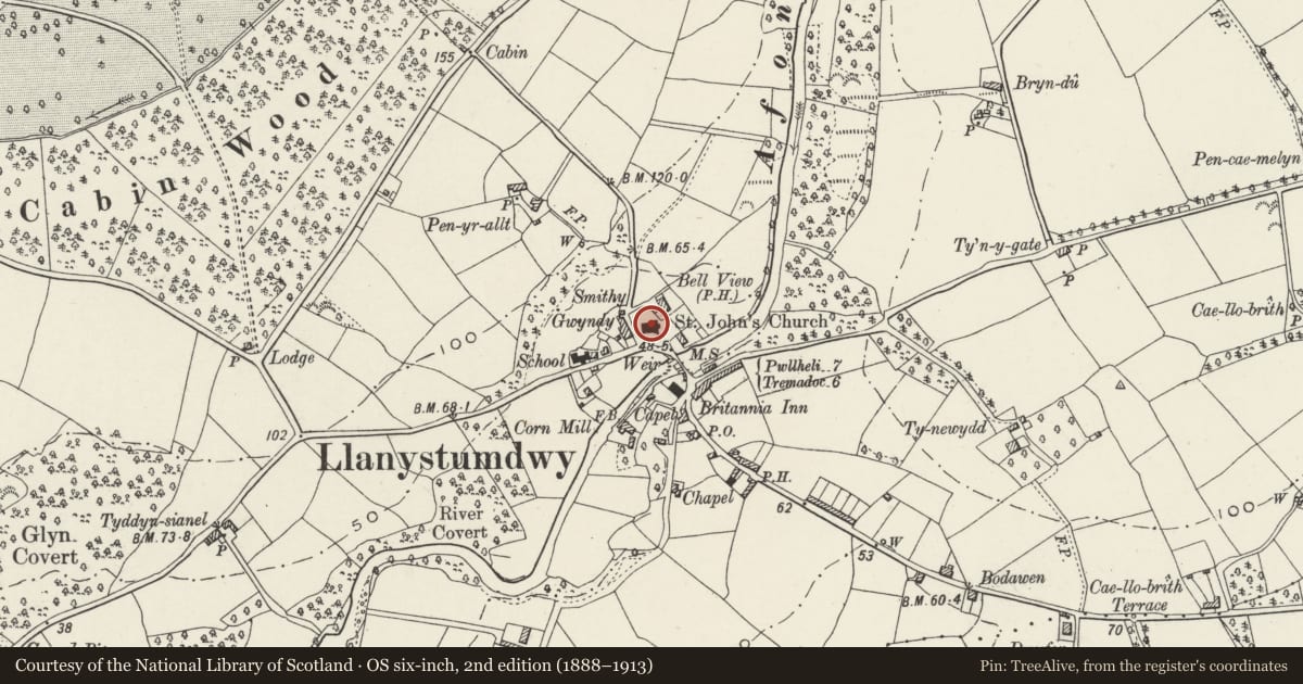 Ordnance Survey six-inch map, 2nd edition (1888–1913) covering the location of Church of St John the Baptist, Llanystumdwy, Gwynedd, with a pin at the register's coordinates