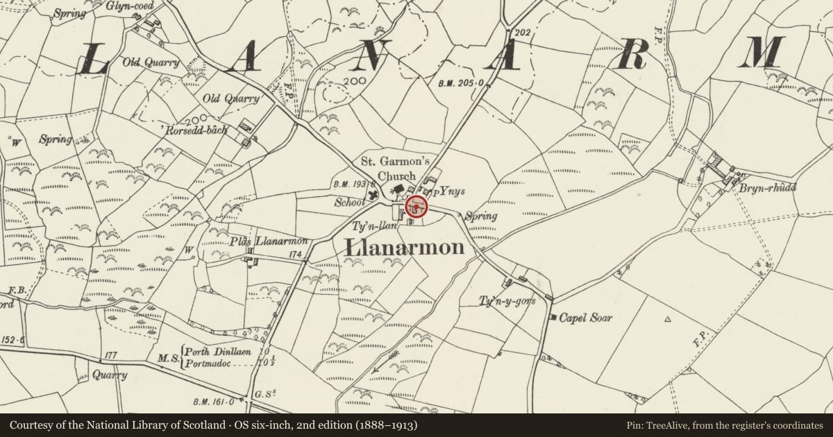 Ordnance Survey six-inch map, 2nd edition (1888–1913) covering the location of Ty'n-llan, Llanystumdwy, Gwynedd, with a pin at the register's coordinates