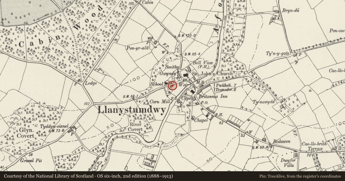 Ordnance Survey six-inch map, 2nd edition (1888–1913) covering the location of No 1, Minafon, Llanystumdwy, Gwynedd, with a pin at the register's coordinates