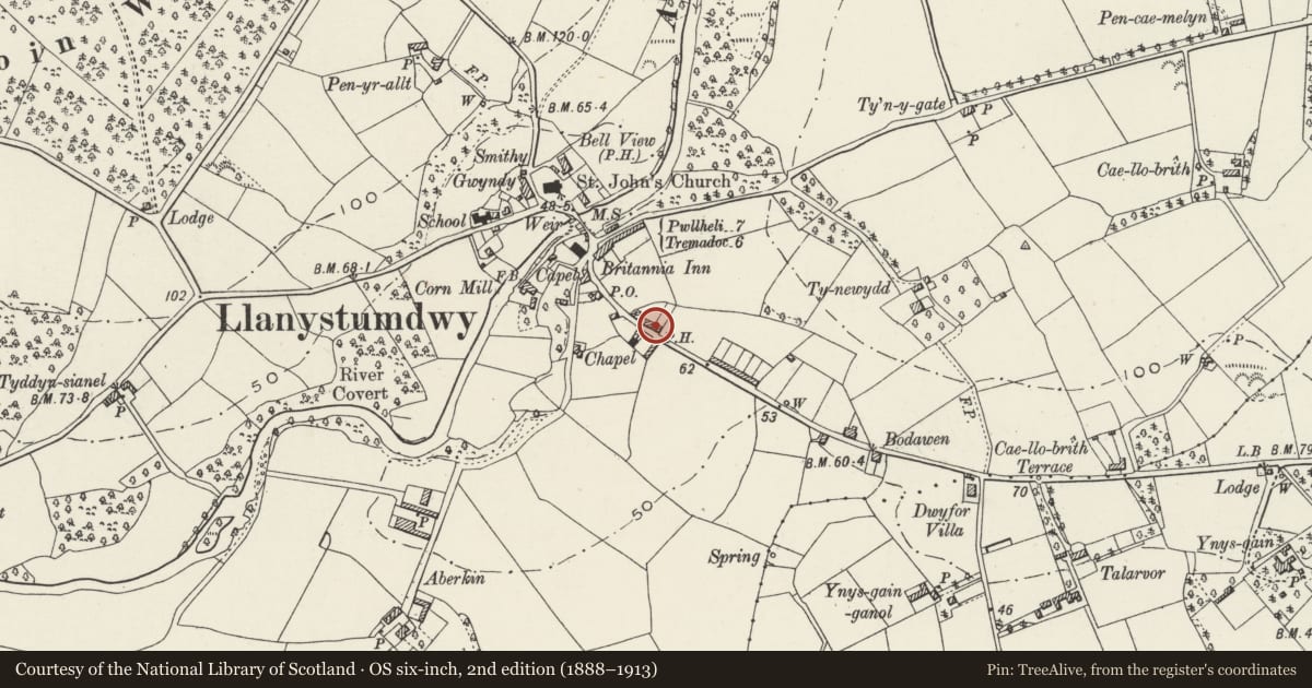Ordnance Survey six-inch map, 2nd edition (1888–1913) covering the location of Ty Canton, Llanystumdwy, Gwynedd, with a pin at the register's coordinates