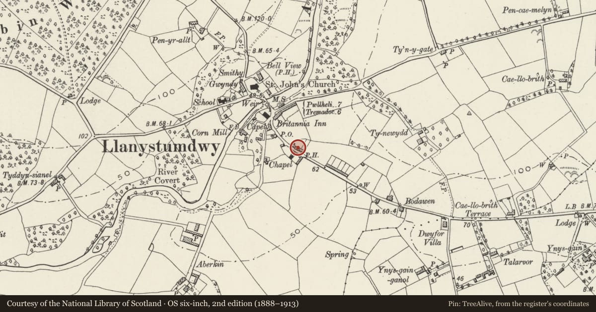 Ordnance Survey six-inch map, 2nd edition (1888–1913) covering the location of Highgate, Llanystumdwy, Gwynedd, with a pin at the register's coordinates