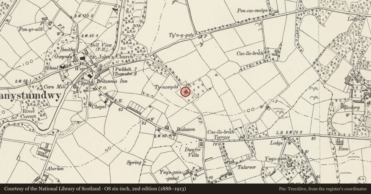 Ordnance Survey six-inch map, 2nd edition (1888–1913) covering the location of Ty-newydd, Llanystumdwy, Gwynedd, with a pin at the register's coordinates