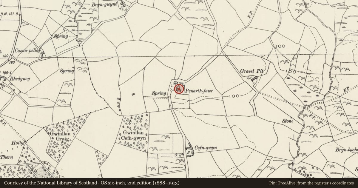 Ordnance Survey six-inch map, 2nd edition (1888–1913) covering the location of Penarth-fawr, Llanystumdwy, Gwynedd, with a pin at the register's coordinates