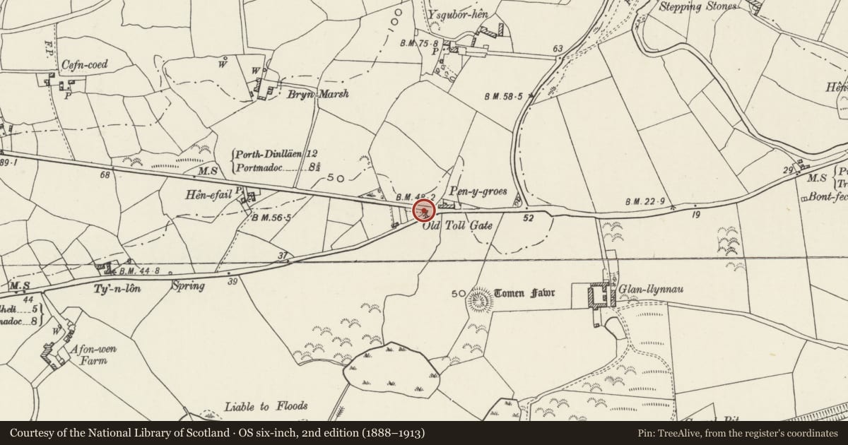 Ordnance Survey six-inch map, 2nd edition (1888–1913) covering the location of Old Tollgate Cottage, Llanystumdwy, Gwynedd, with a pin at the register's coordinates