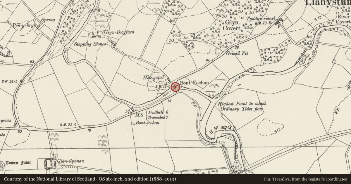 Ordnance Survey six-inch map, 2nd edition (1888–1913) covering the location of Bont Fechan, Llanystumdwy, Gwynedd, with a pin at the register's coordinates
