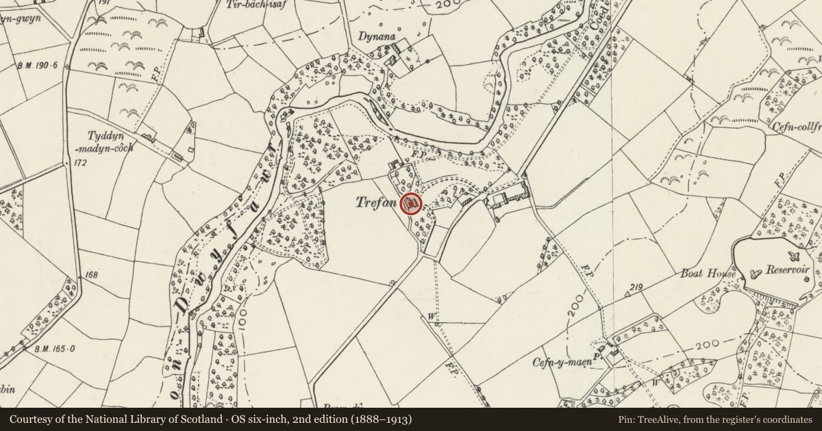 Ordnance Survey six-inch map, 2nd edition (1888–1913) covering the location of Trefan, Llanystumdwy, Gwynedd, with a pin at the register's coordinates