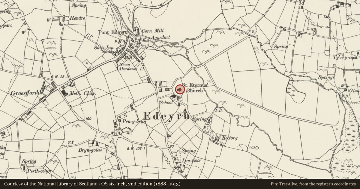 Ordnance Survey six-inch map, 2nd edition (1888–1913) covering the location of Church of St Edern, Nefyn, Gwynedd, with a pin at the register's coordinates