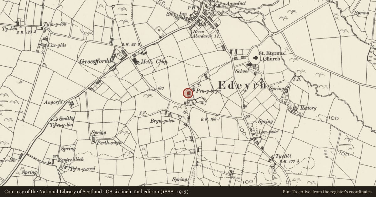 Ordnance Survey six-inch map, 2nd edition (1888–1913) covering the location of Pen-y-bryn, Nefyn, Gwynedd, with a pin at the register's coordinates