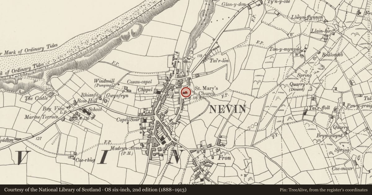 Ordnance Survey six-inch map, 2nd edition (1888–1913) covering the location of Church of St Mary, Nefyn, Gwynedd, with a pin at the register's coordinates