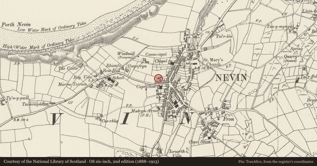 Ordnance Survey six-inch map, 2nd edition (1888–1913) covering the location of Nefyn Watch Tower, Gwynedd, with a pin at the register's coordinates