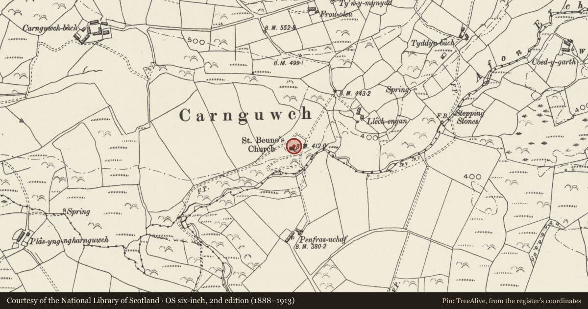 Ordnance Survey six-inch map, 2nd edition (1888–1913) covering the location of Church of St Beuno, Pistyll, Gwynedd, with a pin at the register's coordinates