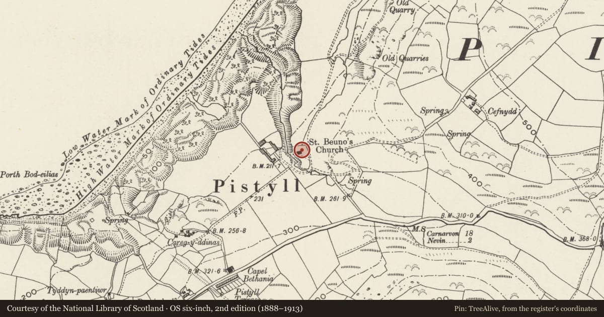 Ordnance Survey six-inch map, 2nd edition (1888–1913) covering the location of Church of St Beuno, Pistyll, Gwynedd, with a pin at the register's coordinates