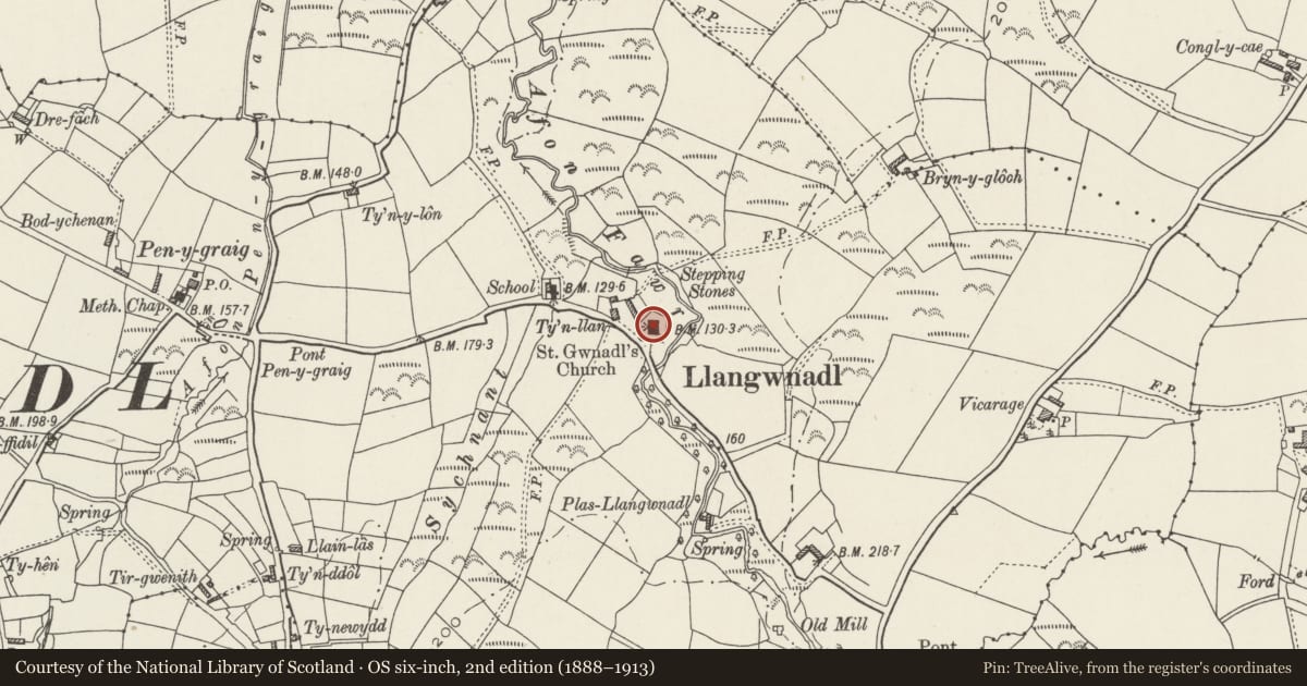 Ordnance Survey six-inch map, 2nd edition (1888–1913) covering the location of Church of St Gwynhoydl, Tudweiliog, Gwynedd, with a pin at the register's coordinates