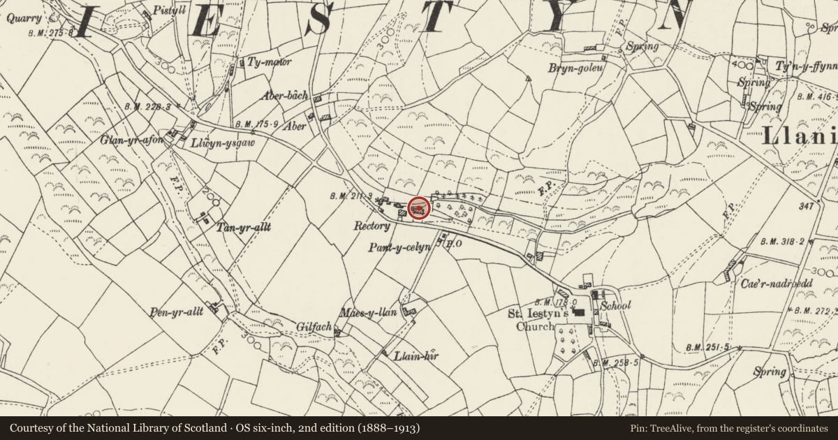 Ordnance Survey six-inch map, 2nd edition (1888–1913) covering the location of The Old Rectory, Tudweiliog, Gwynedd, with a pin at the register's coordinates