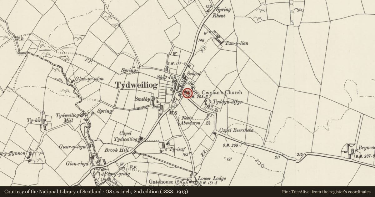 Ordnance Survey six-inch map, 2nd edition (1888–1913) covering the location of Church of St Cwyfan, Tudweiliog, Gwynedd, with a pin at the register's coordinates