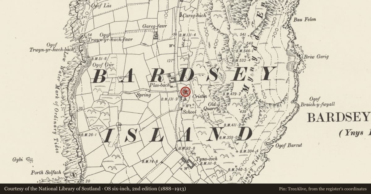 Ordnance Survey six-inch map, 2nd edition (1888–1913) covering the location of Cristin, Aberdaron, Gwynedd, with a pin at the register's coordinates