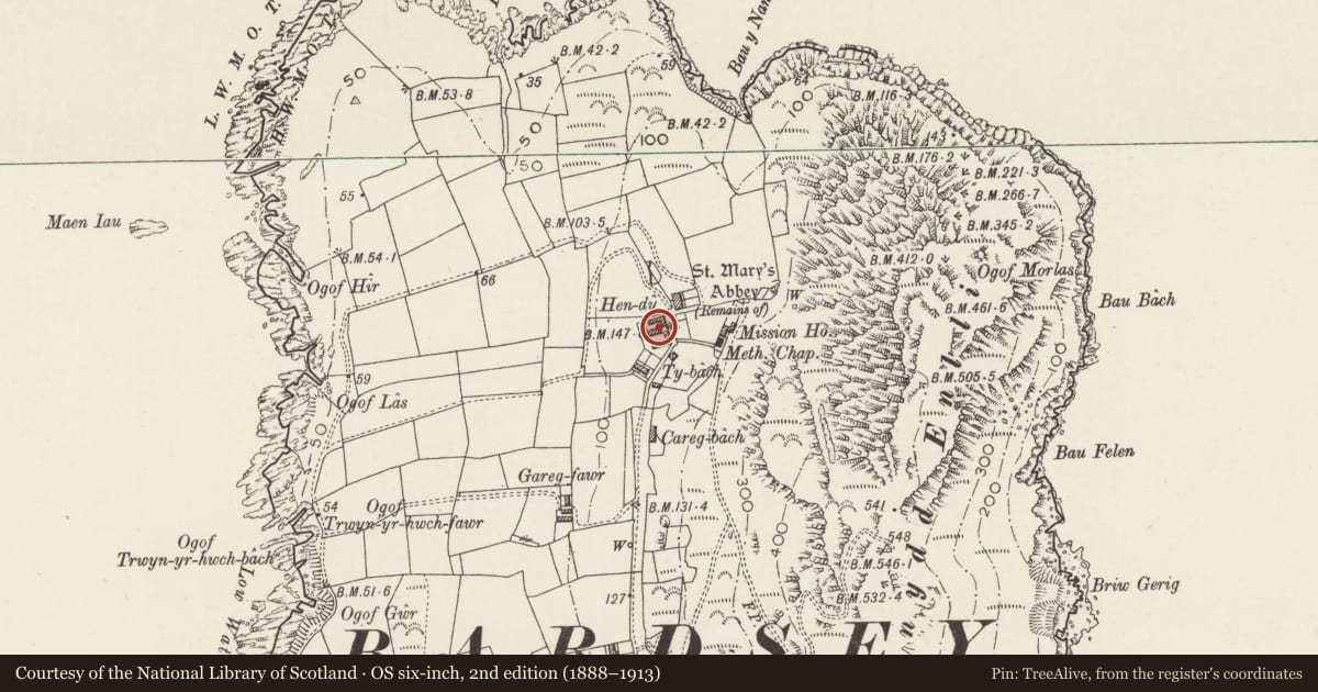Ordnance Survey six-inch map, 2nd edition (1888–1913) covering the location of Double Farm-court to Hendy/Ty Nant and Ty Bach/Ty Nesaf, Aberdaron, Gwynedd, with a pin at the register's coordinates