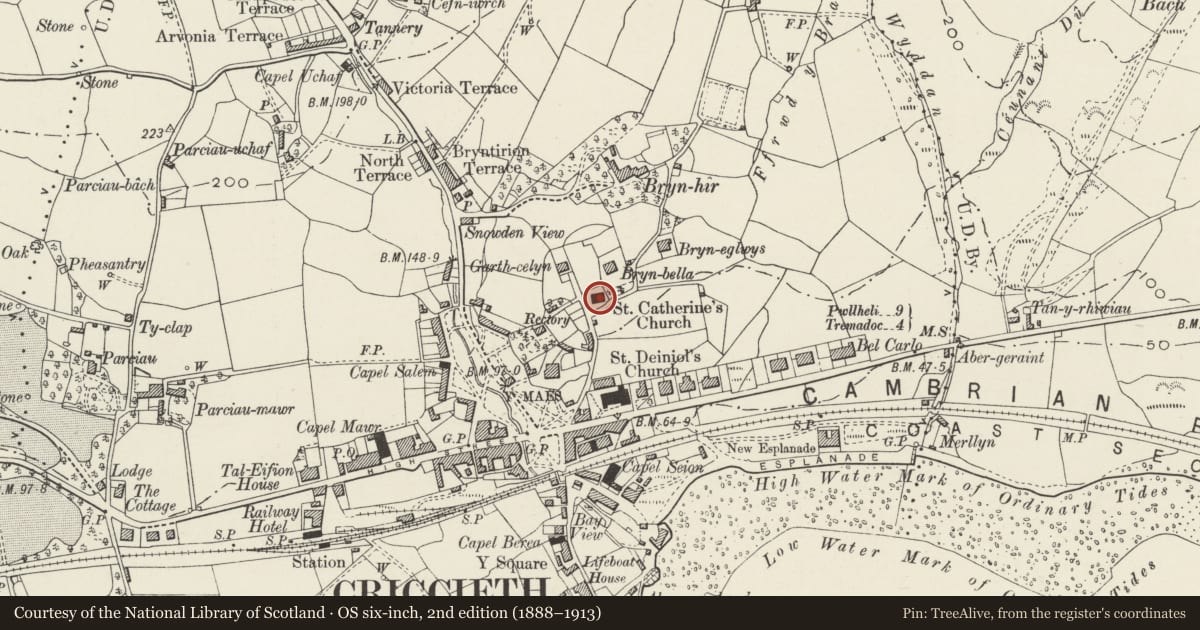 Ordnance Survey six-inch map, 2nd edition (1888–1913) covering the location of Church of St Catherine, Criccieth, Gwynedd, with a pin at the register's coordinates
