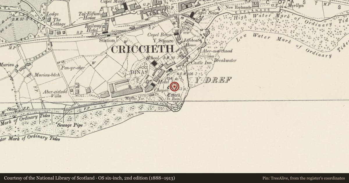 Ordnance Survey six-inch map, 2nd edition (1888–1913) covering the location of Criccieth Castle, Gwynedd, with a pin at the register's coordinates