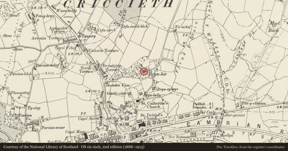 Ordnance Survey six-inch map, 2nd edition (1888–1913) covering the location of Bryn Hir, Criccieth, Gwynedd, with a pin at the register's coordinates