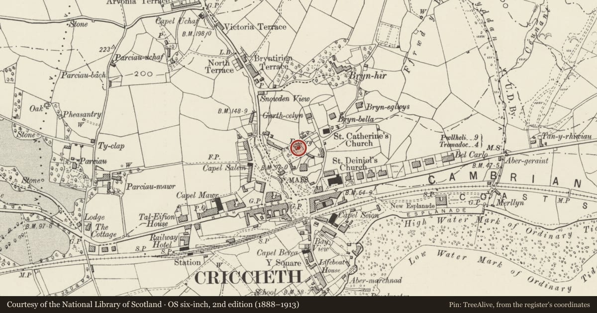 Ordnance Survey six-inch map, 2nd edition (1888–1913) covering the location of Rectory, Criccieth, Gwynedd, with a pin at the register's coordinates