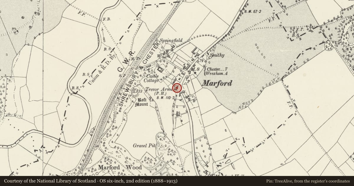 Ordnance Survey six-inch map, 2nd edition (1888–1913) covering the location of The Trevor Arms Hotel, Gresford, Wrexham, with a pin at the register's coordinates