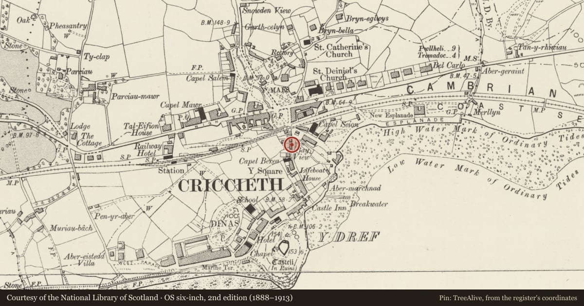 Ordnance Survey six-inch map, 2nd edition (1888–1913) covering the location of 5 Wellington Terrace, Criccieth, Gwynedd, with a pin at the register's coordinates