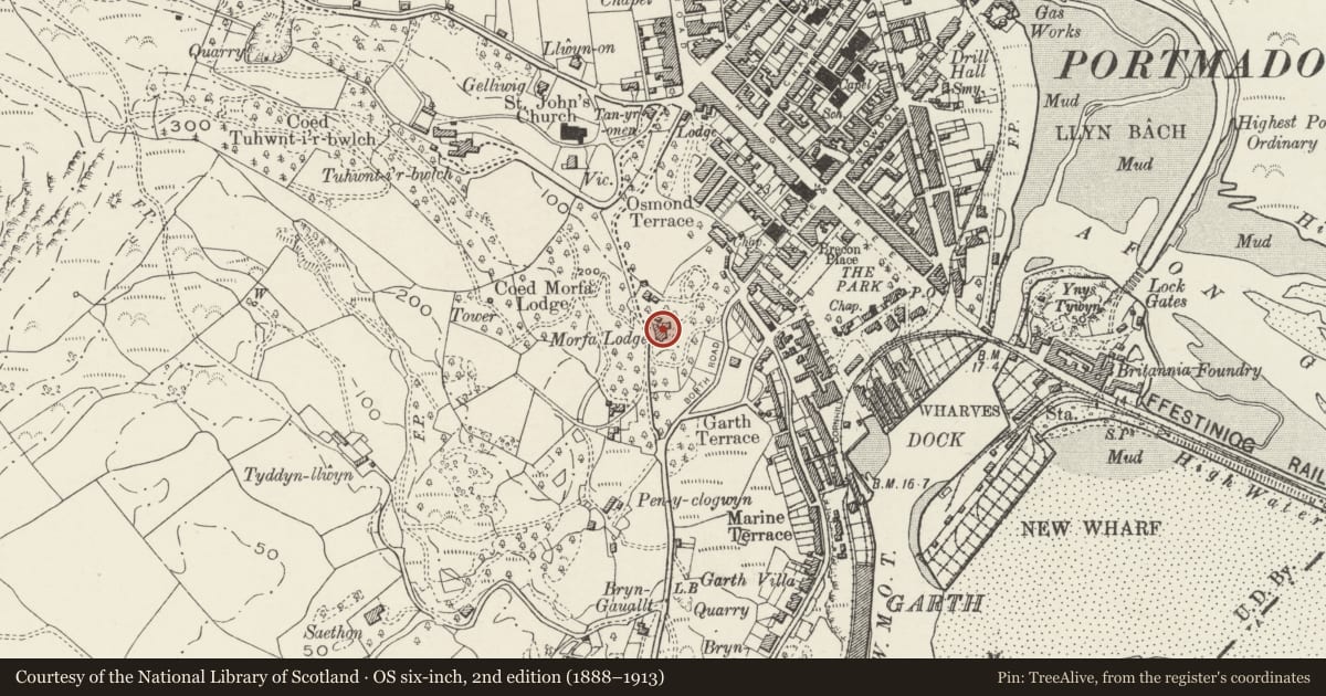 Ordnance Survey six-inch map, 2nd edition (1888–1913) covering the location of Gelli Faia, Porthmadog, Gwynedd, with a pin at the register's coordinates