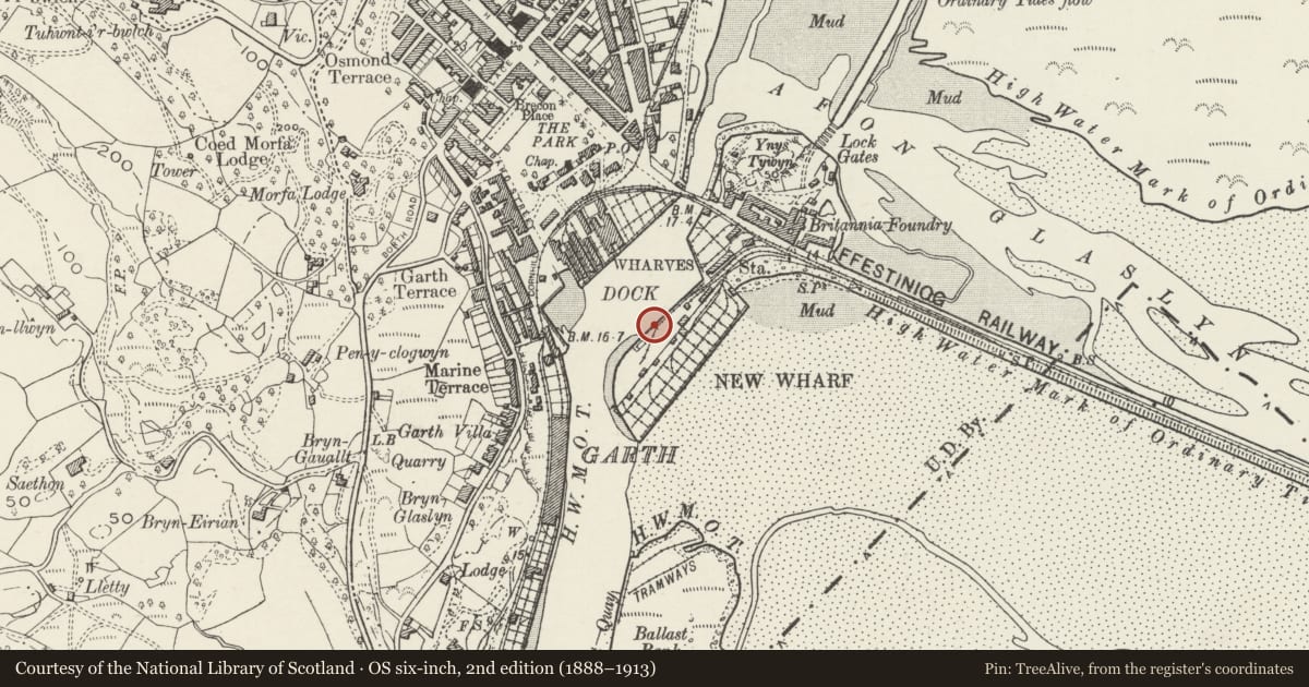 Ordnance Survey six-inch map, 2nd edition (1888–1913) covering the location of Snowdon Wharf, Porthmadog, Gwynedd, with a pin at the register's coordinates