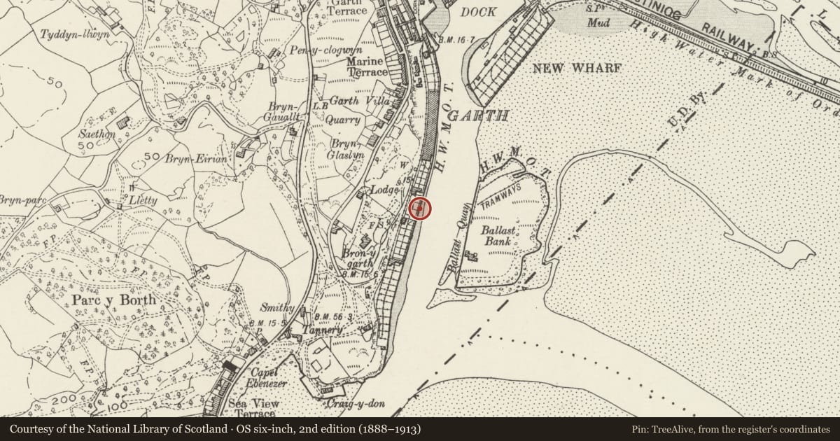 Ordnance Survey six-inch map, 2nd edition (1888–1913) covering the location of Slate Wharf, Porthmadog, Gwynedd, with a pin at the register's coordinates