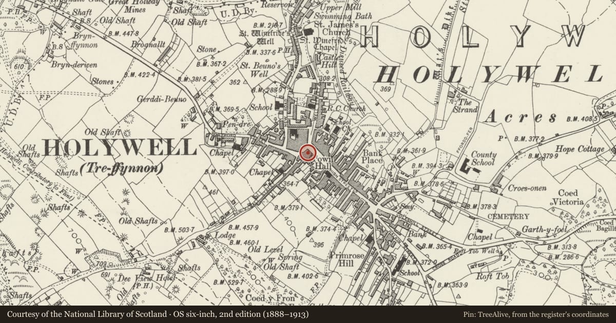 Ordnance Survey six-inch map, 2nd edition (1888–1913) covering the location of 4 (Exchange House), Holywell, Flintshire, with a pin at the register's coordinates
