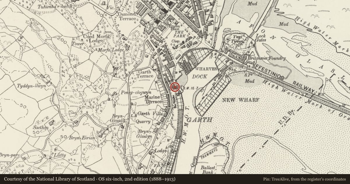 Ordnance Survey six-inch map, 2nd edition (1888–1913) covering the location of 2 Pencei (Cornhill), Porthmadog, Gwynedd, with a pin at the register's coordinates