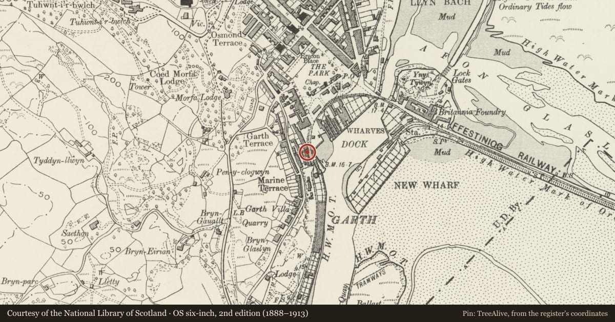 Ordnance Survey six-inch map, 2nd edition (1888–1913) covering the location of Ty Toronto, Porthmadog, Gwynedd, with a pin at the register's coordinates